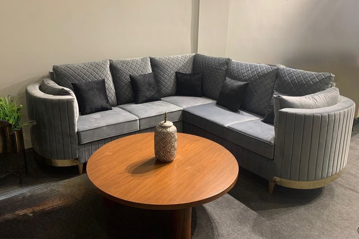 Sectional Sofa in Grey Suede-SoUnique.PK